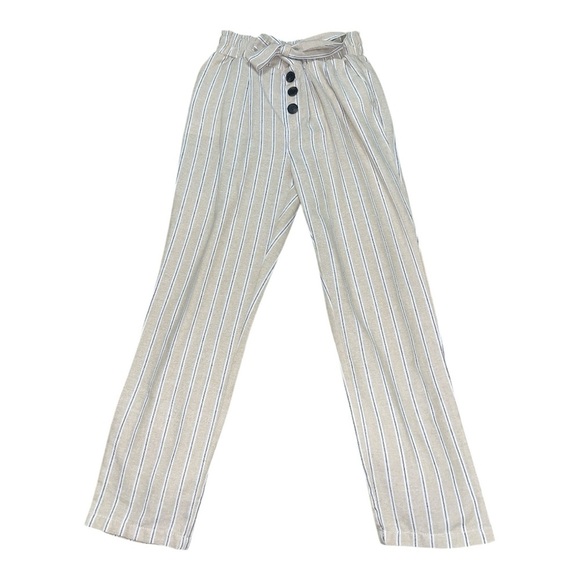 Ci Sono Tan and White Striped Wide Leg Paperbag Pants Belted - Picture 1 of 12